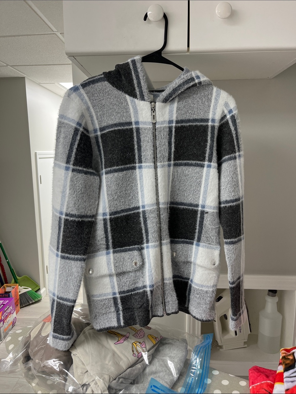 Rachel Zoe Gray and White Plaid Hooded Zip Cardigan